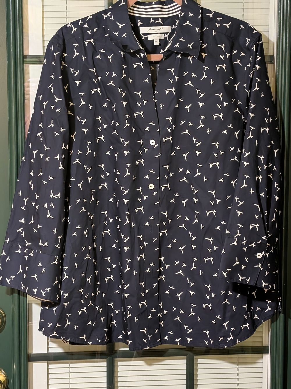 Foxcroft Navy and White Bird-Print Button-Down Shirt